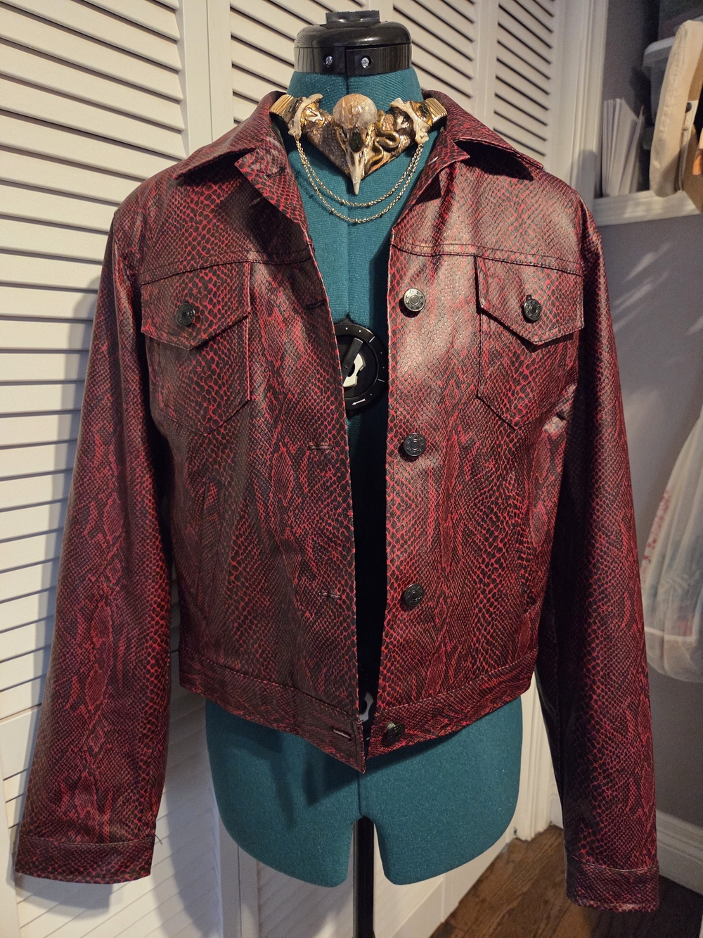Red Snake-Print Faux Leather Jacket